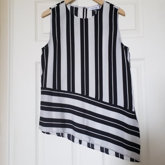 Calvin Klein Black & White Sleeveless Striped Asymmetrical Blouse - Size Medium - Picture 1 of 8
